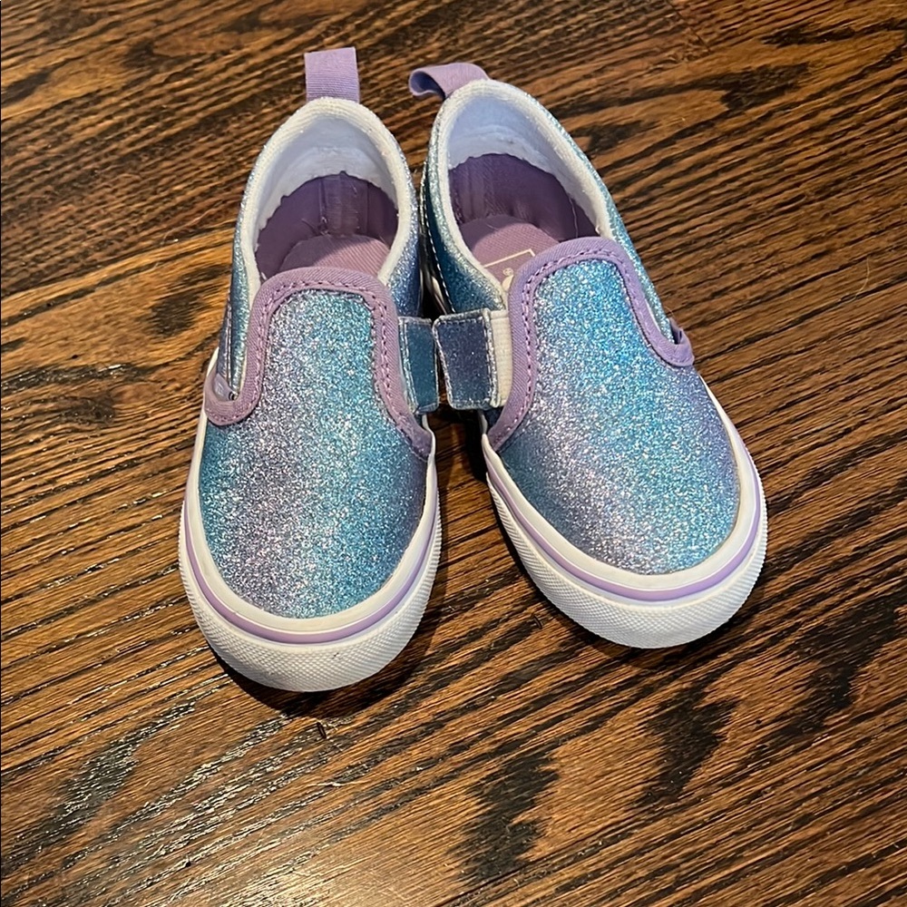 Sparkly Blue and Purple Kids Vans Slip-On Shoes. Size 8
